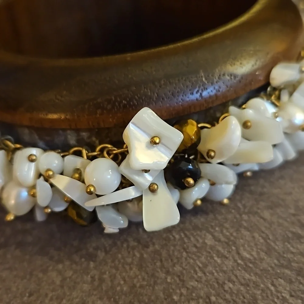 VTG Wood Mother of Pearl Bauble Cha Cha Bangle Mermaidcore Chunky Bracelet